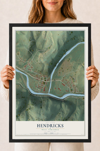 Map of Hendricks, West Virginia, 18 x 24 inch print in a black wood frame