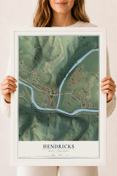 Map of Hendricks, West Virginia, 18 x 24 inch print in a white wood frame
