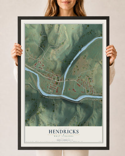Map of Hendricks, West Virginia, 24 x 36 inch print in a black wood frame
