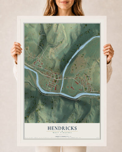 Map of Hendricks, West Virginia, 24 x 36 inch print in a white wood frame