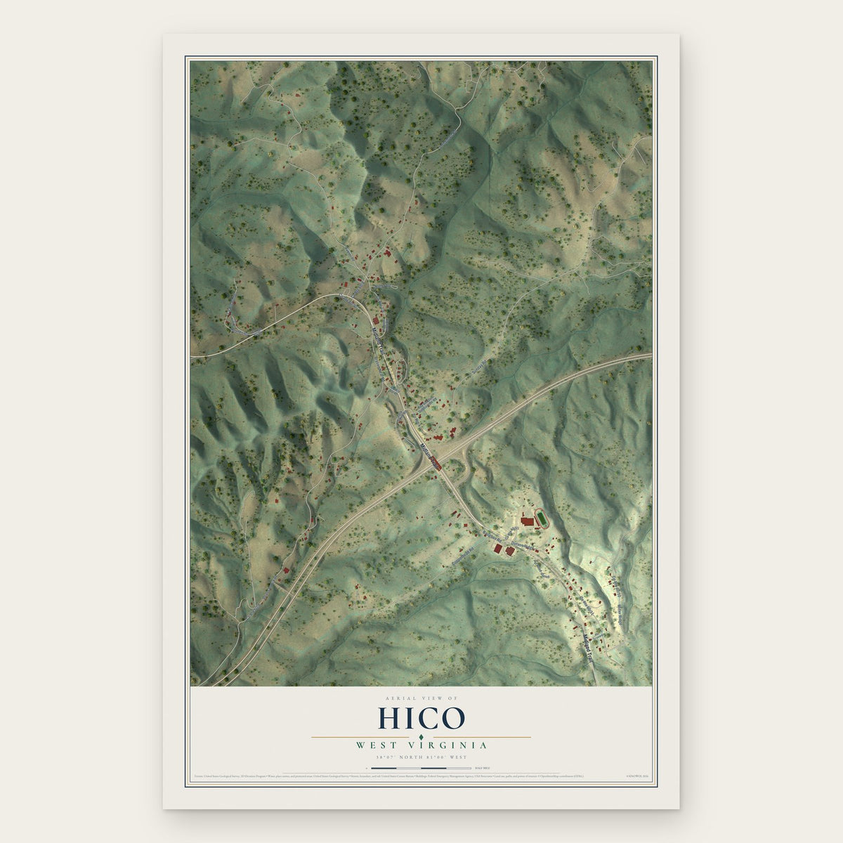 Hico, West Virginia map print, the full design
