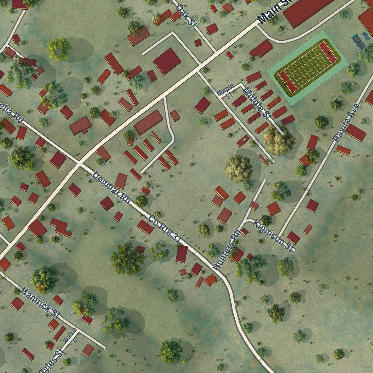 Close-up of the map of Hillsboro, West Virginia print showing street and building detail