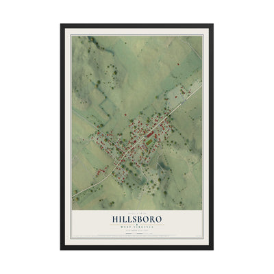 Map of Hillsboro, West Virginia, 12 x 18 inch print in a black wood frame