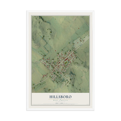 Map of Hillsboro, West Virginia, 12 x 18 inch print in a white wood frame