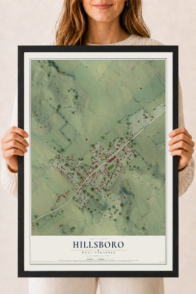 Map of Hillsboro, West Virginia, 18 x 24 inch print in a black wood frame
