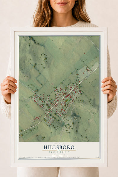Map of Hillsboro, West Virginia, 18 x 24 inch print in a white wood frame