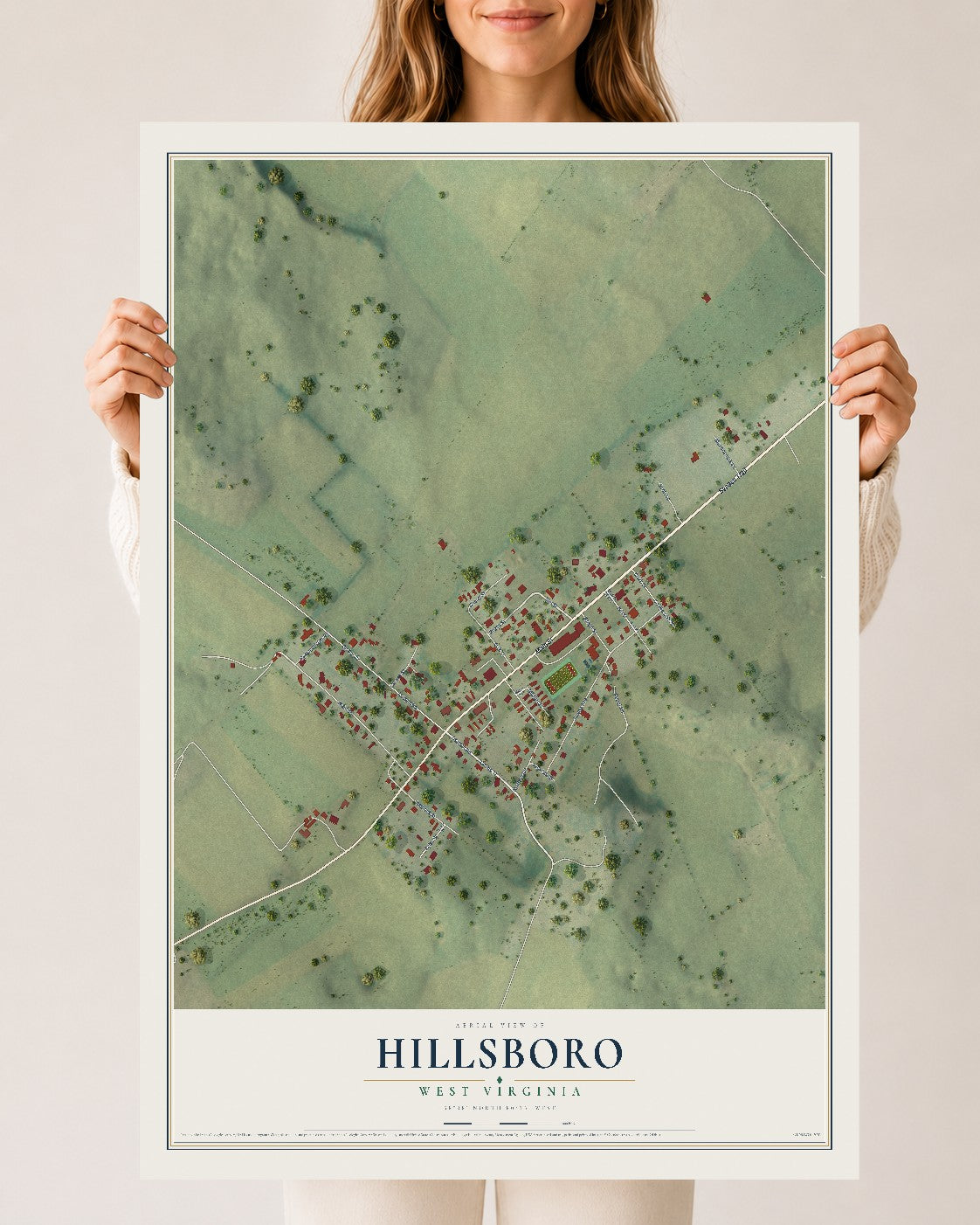 Map of Hillsboro, West Virginia, 24 x 36 inch unframed archival matte print