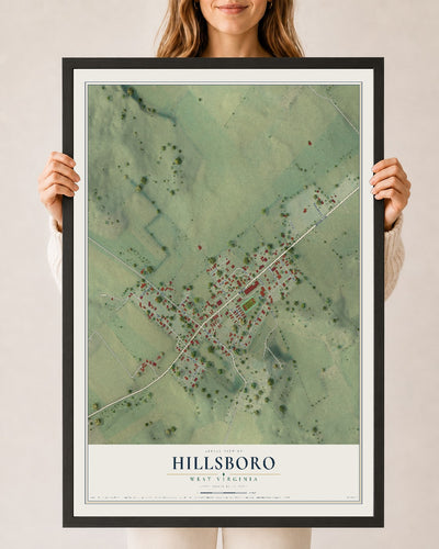 Map of Hillsboro, West Virginia, 24 x 36 inch print in a black wood frame