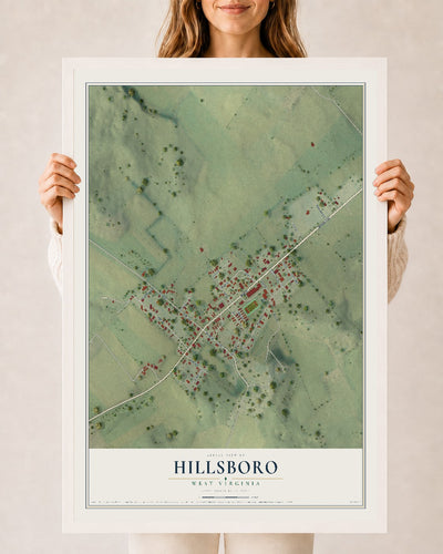 Map of Hillsboro, West Virginia, 24 x 36 inch print in a white wood frame