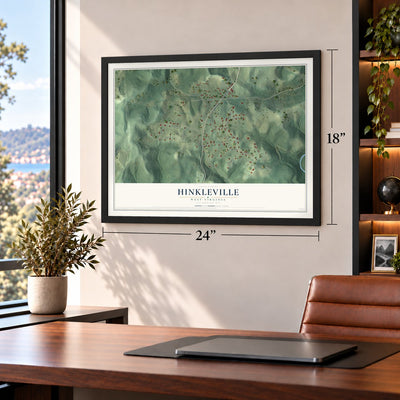 Hinkleville, West Virginia map, 18 x 24 inch print in a black frame in a home office