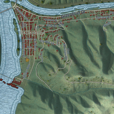 Second close-up of the map of Hinton, West Virginia print showing more streets and buildings