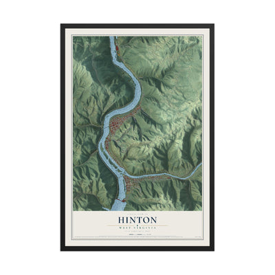 Map of Hinton, West Virginia, 12 x 18 inch print in a black wood frame