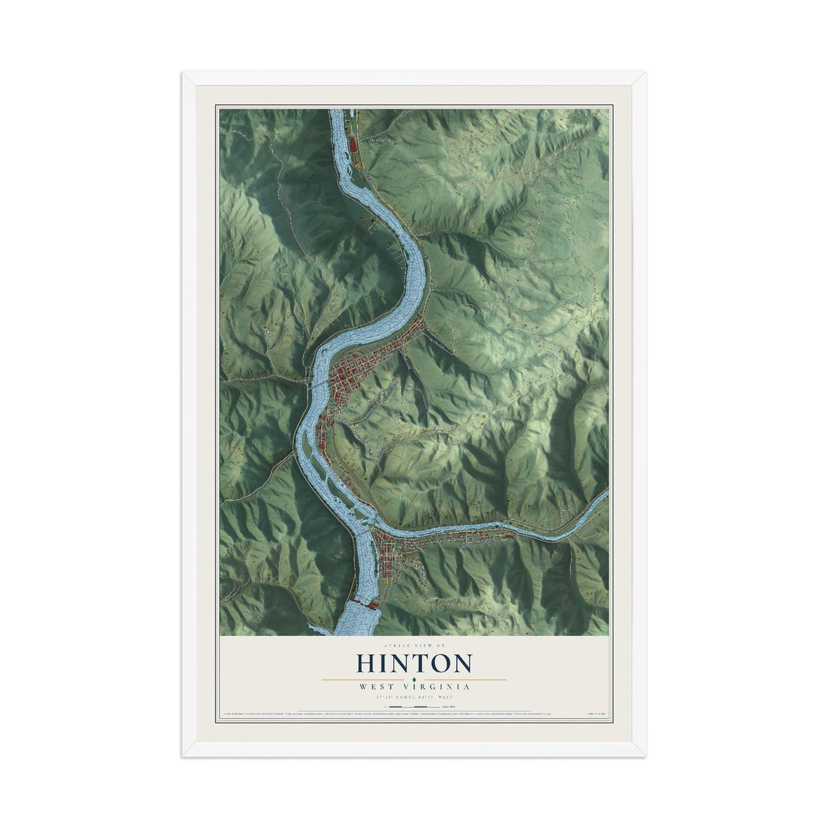 Map of Hinton, West Virginia, 12 x 18 inch print in a white wood frame