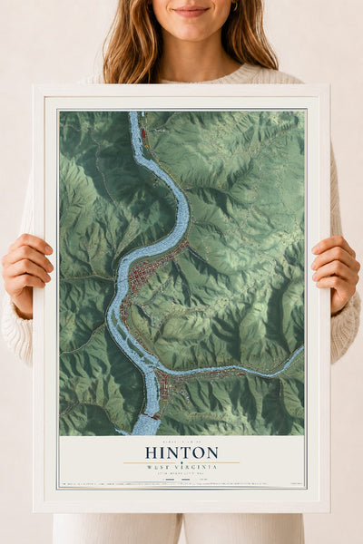 Map of Hinton, West Virginia, 18 x 24 inch print in a white wood frame
