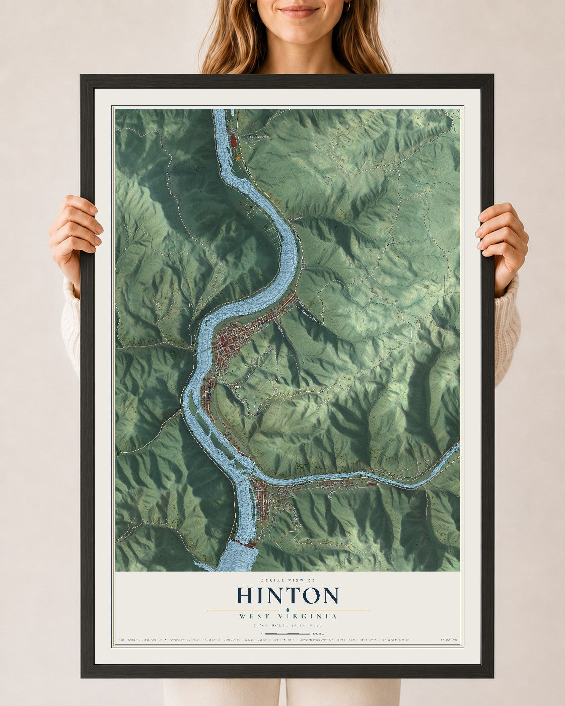 Map of Hinton, West Virginia, 24 x 36 inch print in a black wood frame