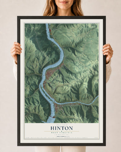 Map of Hinton, West Virginia, 24 x 36 inch print in a black wood frame
