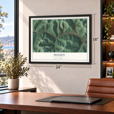 Holden, West Virginia map, 18 x 24 inch print in a black frame in a home office