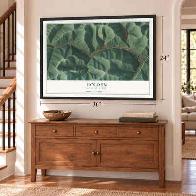 Holden, West Virginia map, 24 x 36 inch print in a black frame above a dresser by a staircase