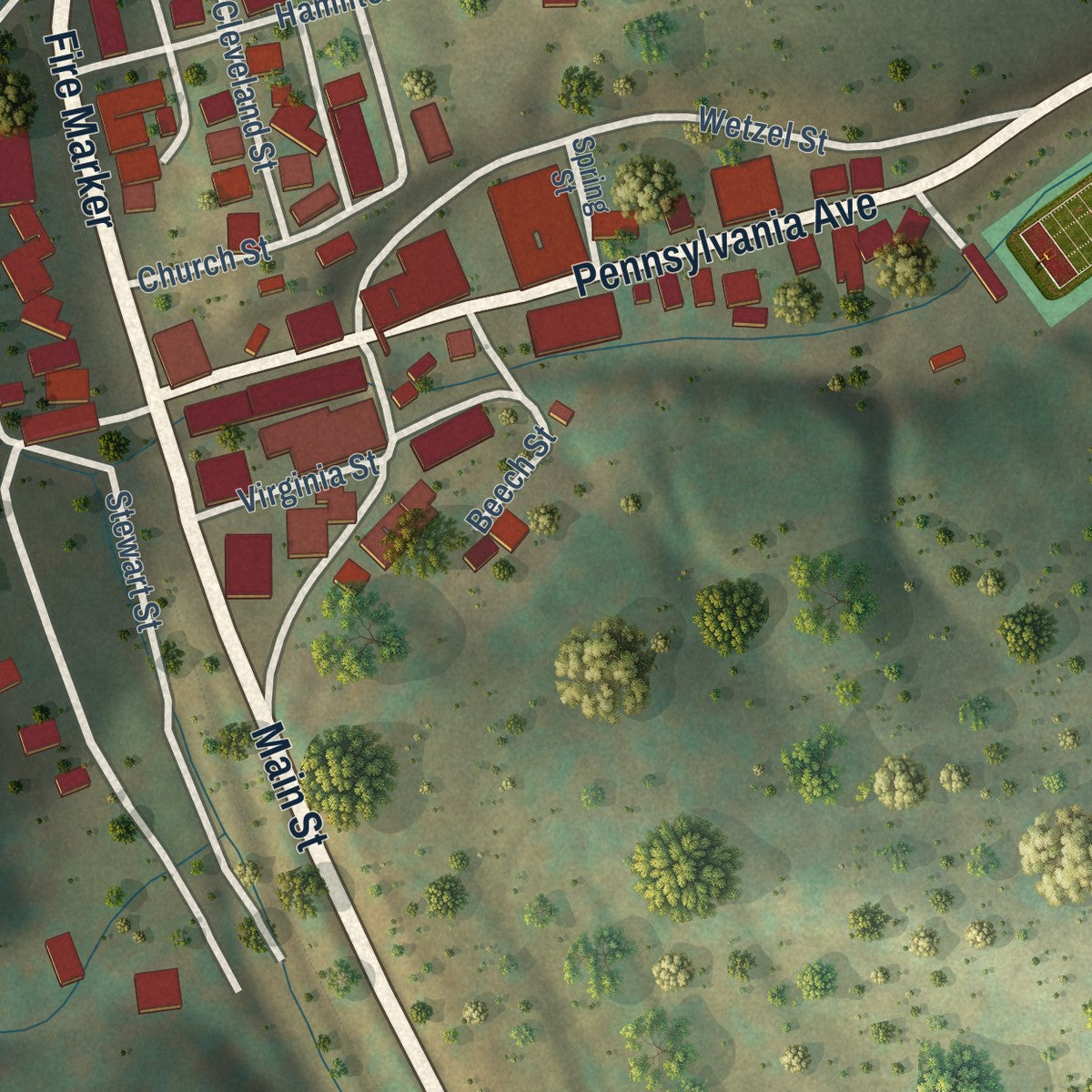 Close-up of the map of Hundred, West Virginia print showing street and building detail