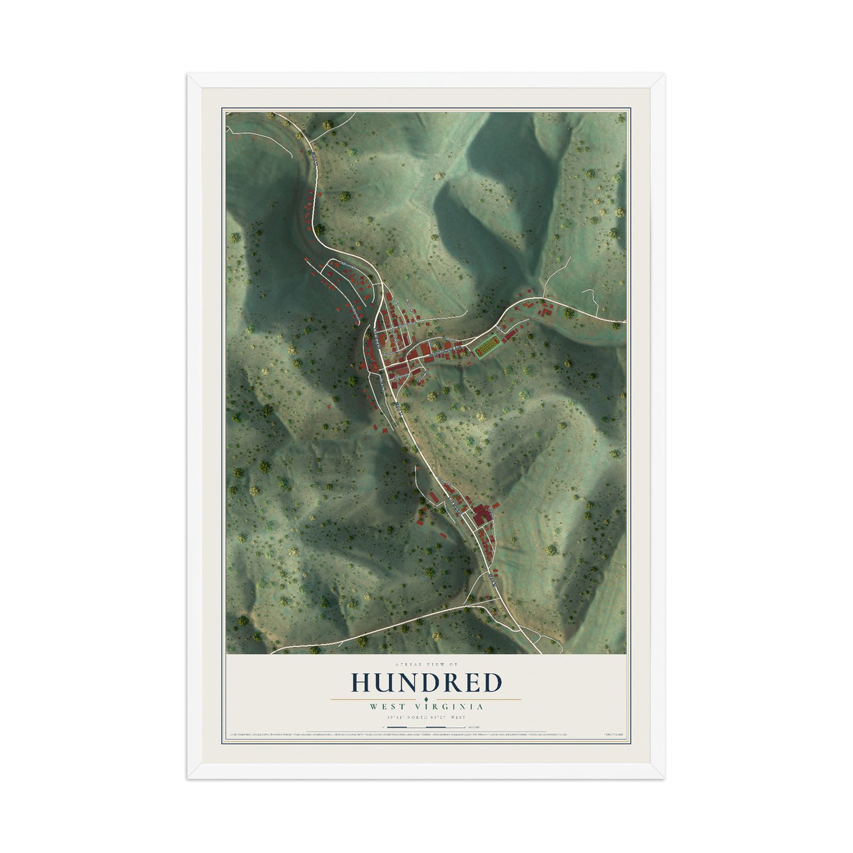 Map of Hundred, West Virginia, 12 x 18 inch print in a white wood frame