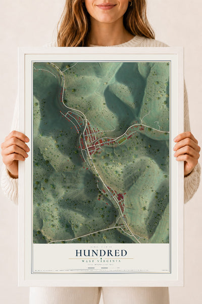 Map of Hundred, West Virginia, 18 x 24 inch print in a white wood frame