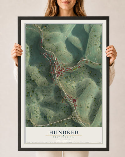 Map of Hundred, West Virginia, 24 x 36 inch print in a black wood frame