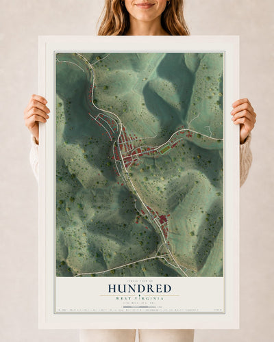 Map of Hundred, West Virginia, 24 x 36 inch print in a white wood frame