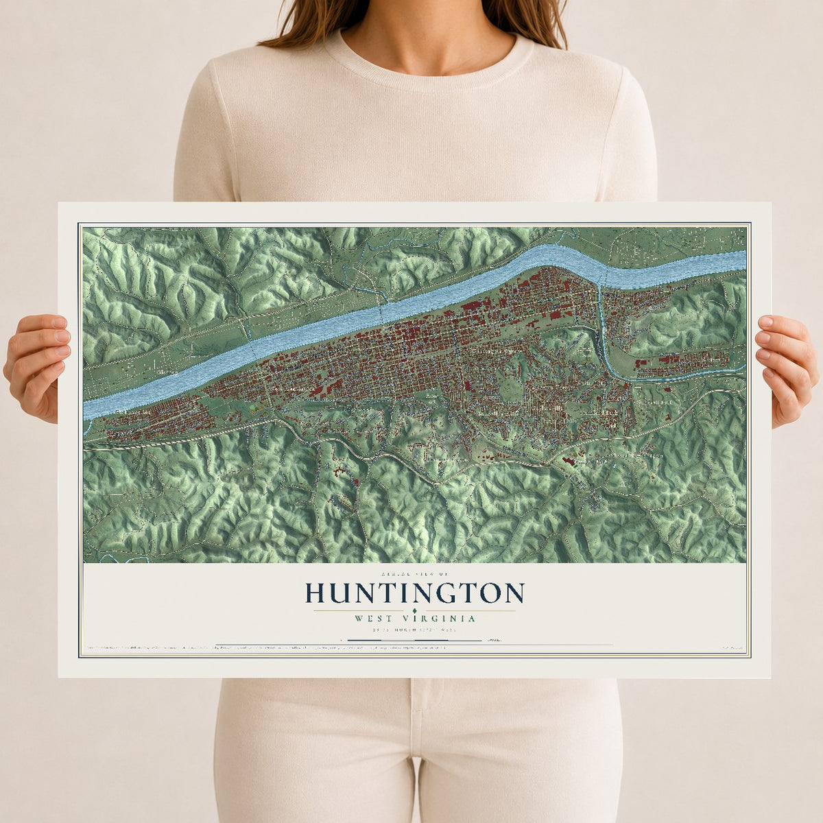 Map of Huntington, West Virginia, 12 x 18 inch unframed archival matte print