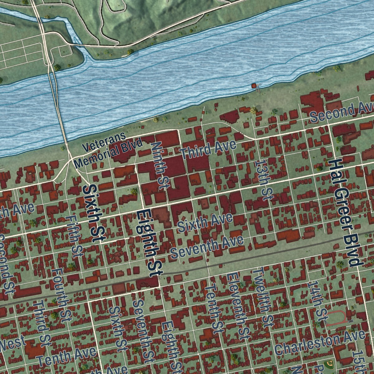 Close-up of the map of Huntington, West Virginia print showing street and building detail