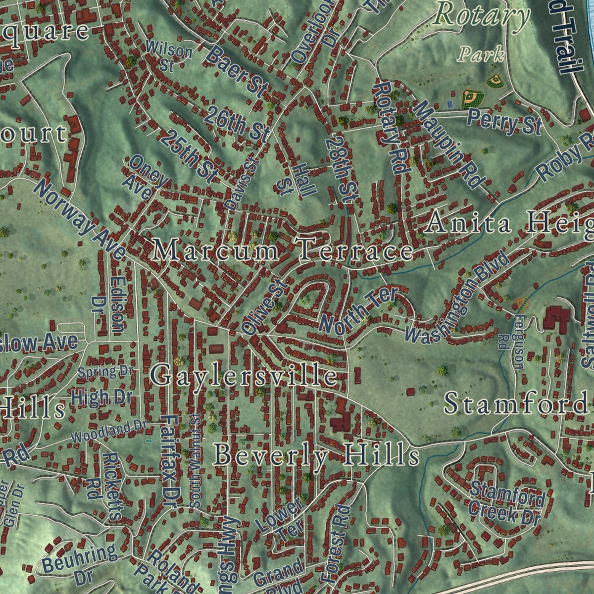 Second close-up of the map of Huntington, West Virginia print showing more streets and buildings
