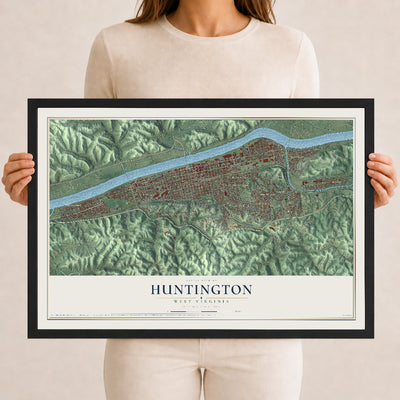 Map of Huntington, West Virginia, 12 x 18 inch print in a black wood frame