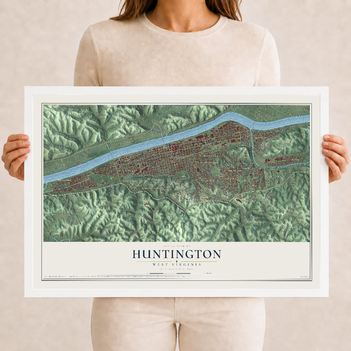 Map of Huntington, West Virginia, 12 x 18 inch print in a white wood frame