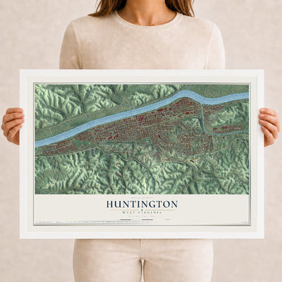 Map of Huntington, West Virginia, 12 x 18 inch print in a white wood frame