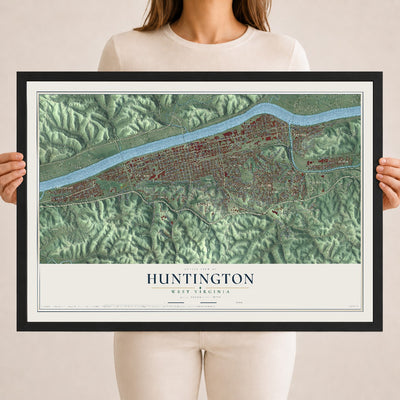 Map of Huntington, West Virginia, 18 x 24 inch print in a black wood frame