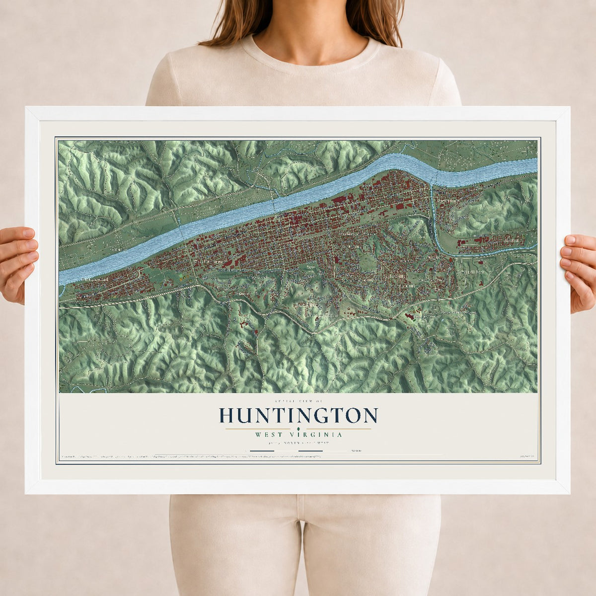 Map of Huntington, West Virginia, 18 x 24 inch print in a white wood frame