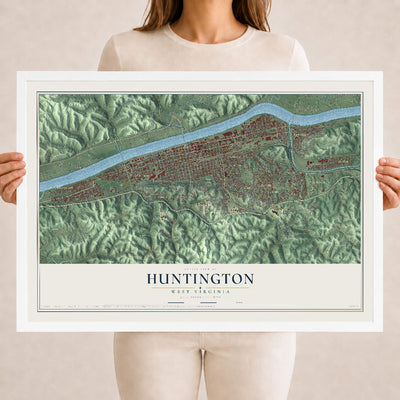 Map of Huntington, West Virginia, 18 x 24 inch print in a white wood frame