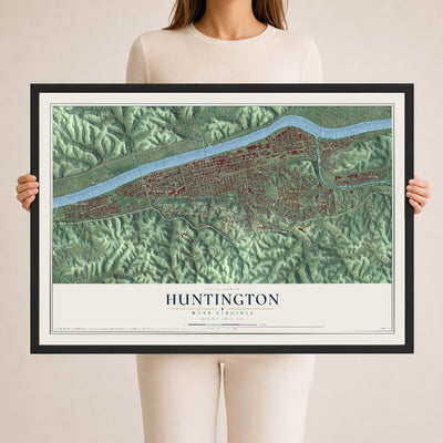 Map of Huntington, West Virginia, 24 x 36 inch print in a black wood frame