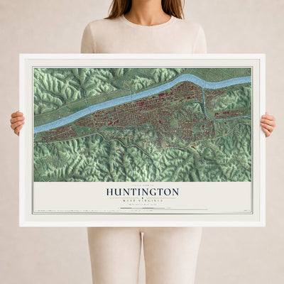 Map of Huntington, West Virginia, 24 x 36 inch print in a white wood frame