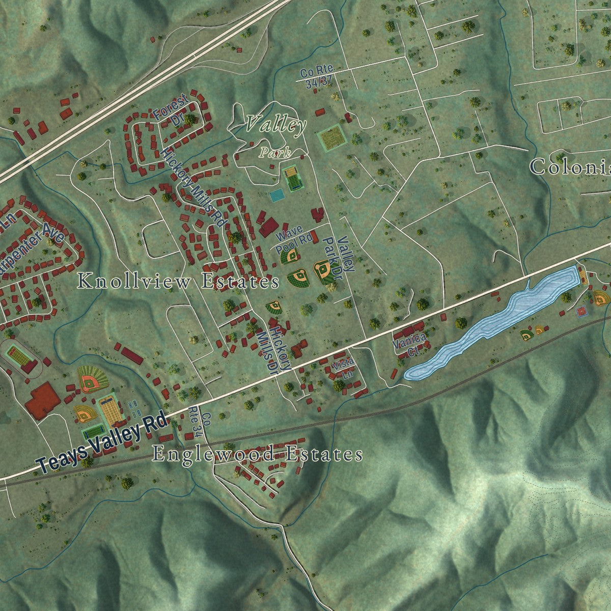 Second close-up of the map of Hurricane, West Virginia print showing more streets and buildings