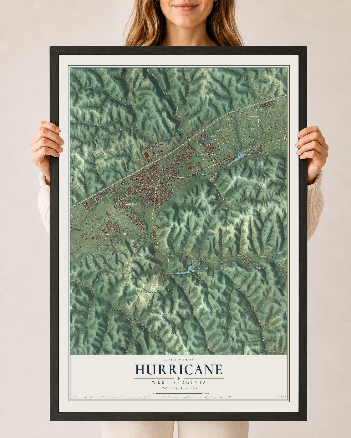 Map of Hurricane, West Virginia, 24 x 36 inch print in a black wood frame