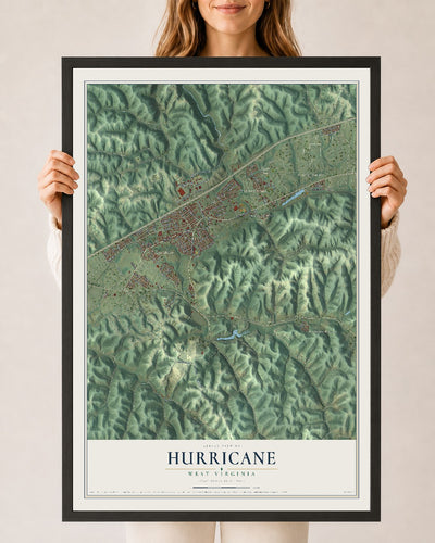 Map of Hurricane, West Virginia, 24 x 36 inch print in a black wood frame