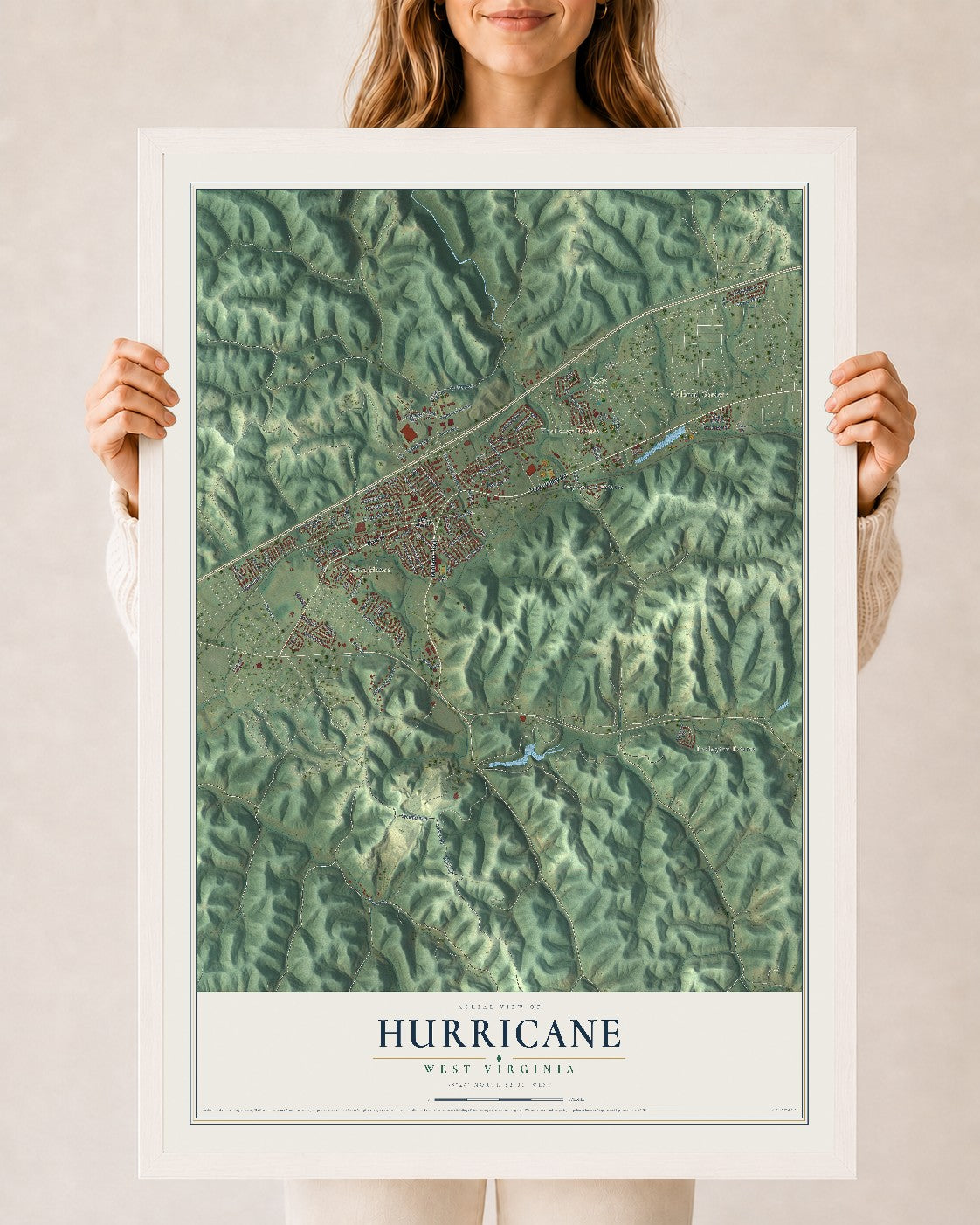 Map of Hurricane, West Virginia, 24 x 36 inch print in a white wood frame