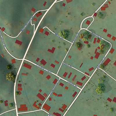 Close-up of the map of Huttonsville, West Virginia print showing street and building detail