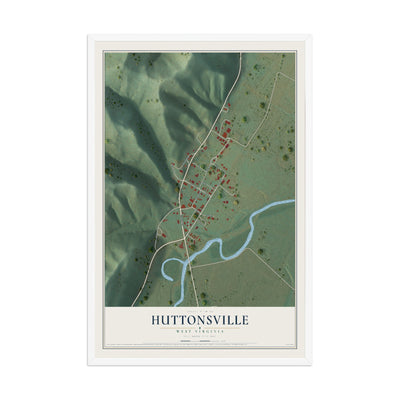 Map of Huttonsville, West Virginia, 12 x 18 inch print in a white wood frame