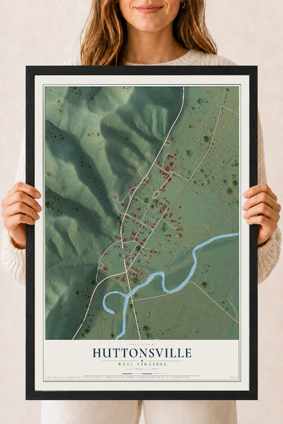 Map of Huttonsville, West Virginia, 18 x 24 inch print in a black wood frame