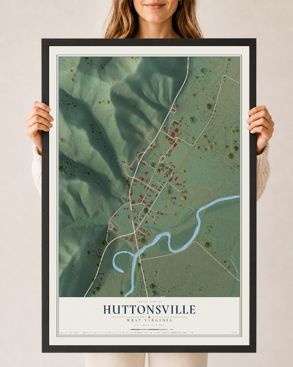 Map of Huttonsville, West Virginia, 24 x 36 inch print in a black wood frame
