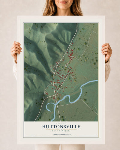 Map of Huttonsville, West Virginia, 24 x 36 inch print in a white wood frame
