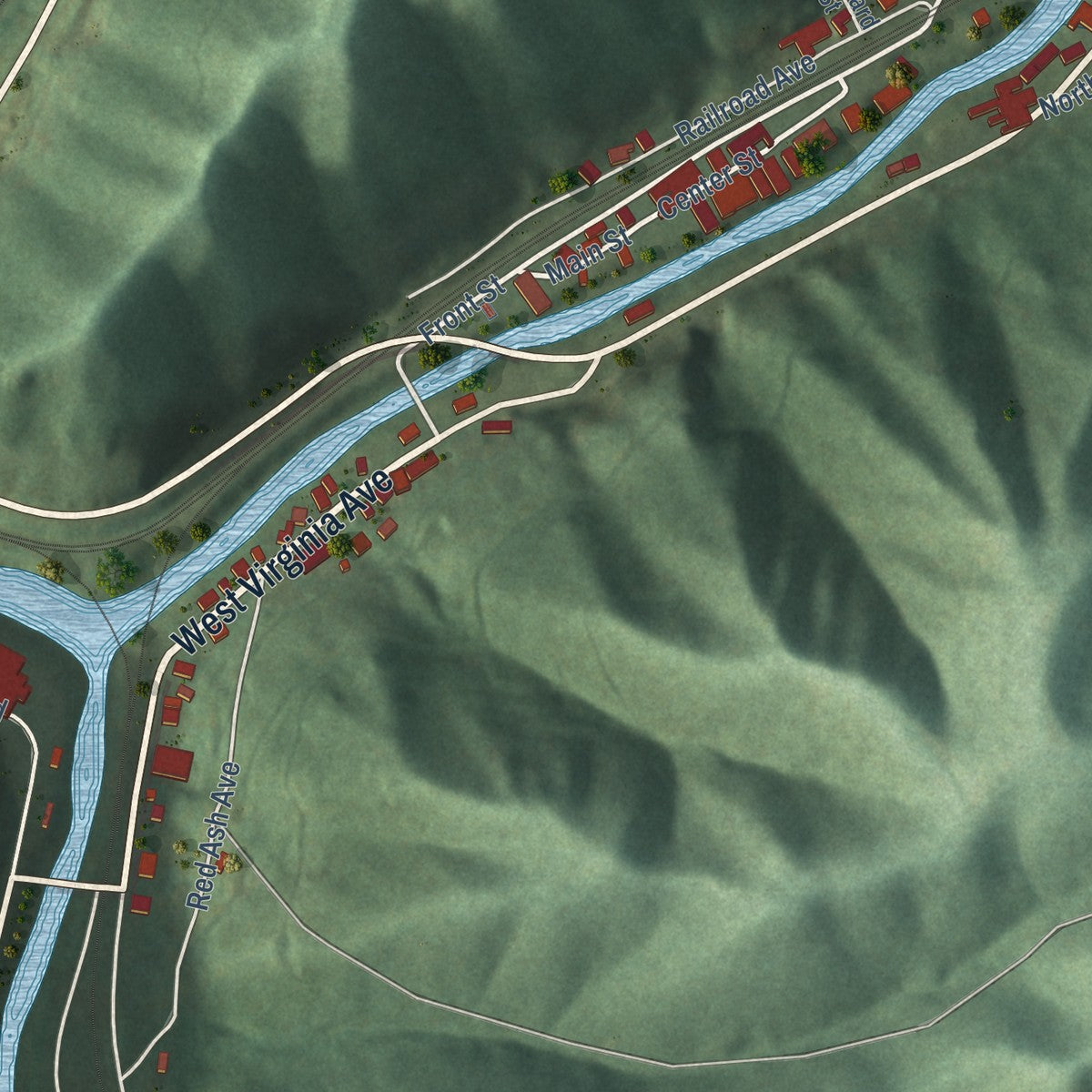 Close-up of the map of Iaeger, West Virginia print showing street and building detail
