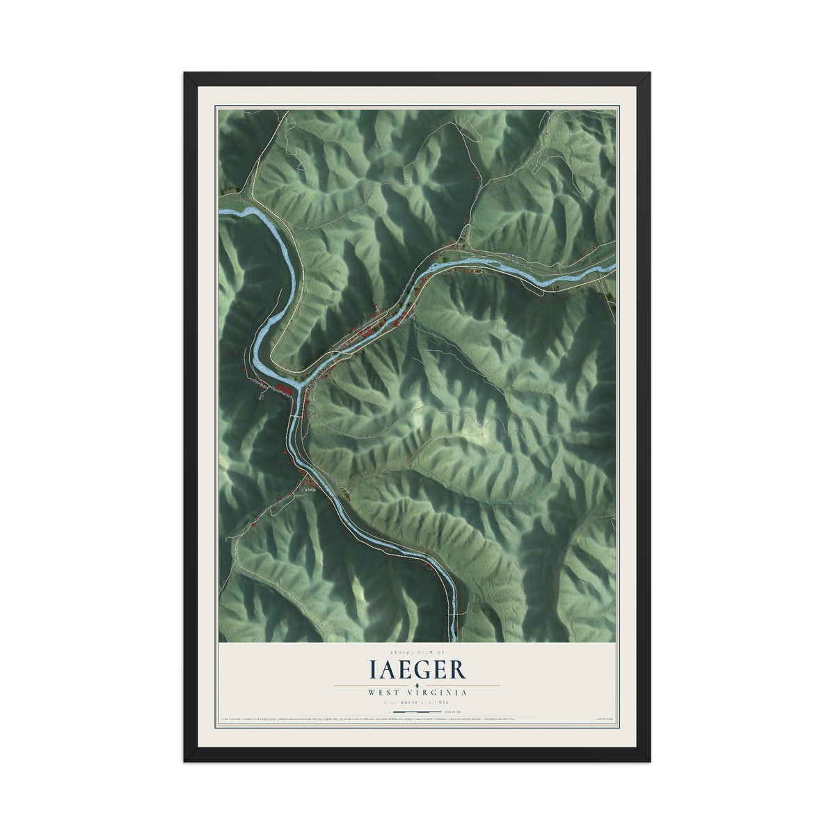 Map of Iaeger, West Virginia, 12 x 18 inch print in a black wood frame
