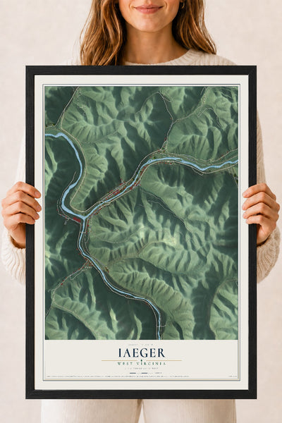 Map of Iaeger, West Virginia, 18 x 24 inch print in a black wood frame